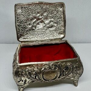 Vintage Silver Decorative Trinket Box with Hinged Lid & Red Velvet Like Interior